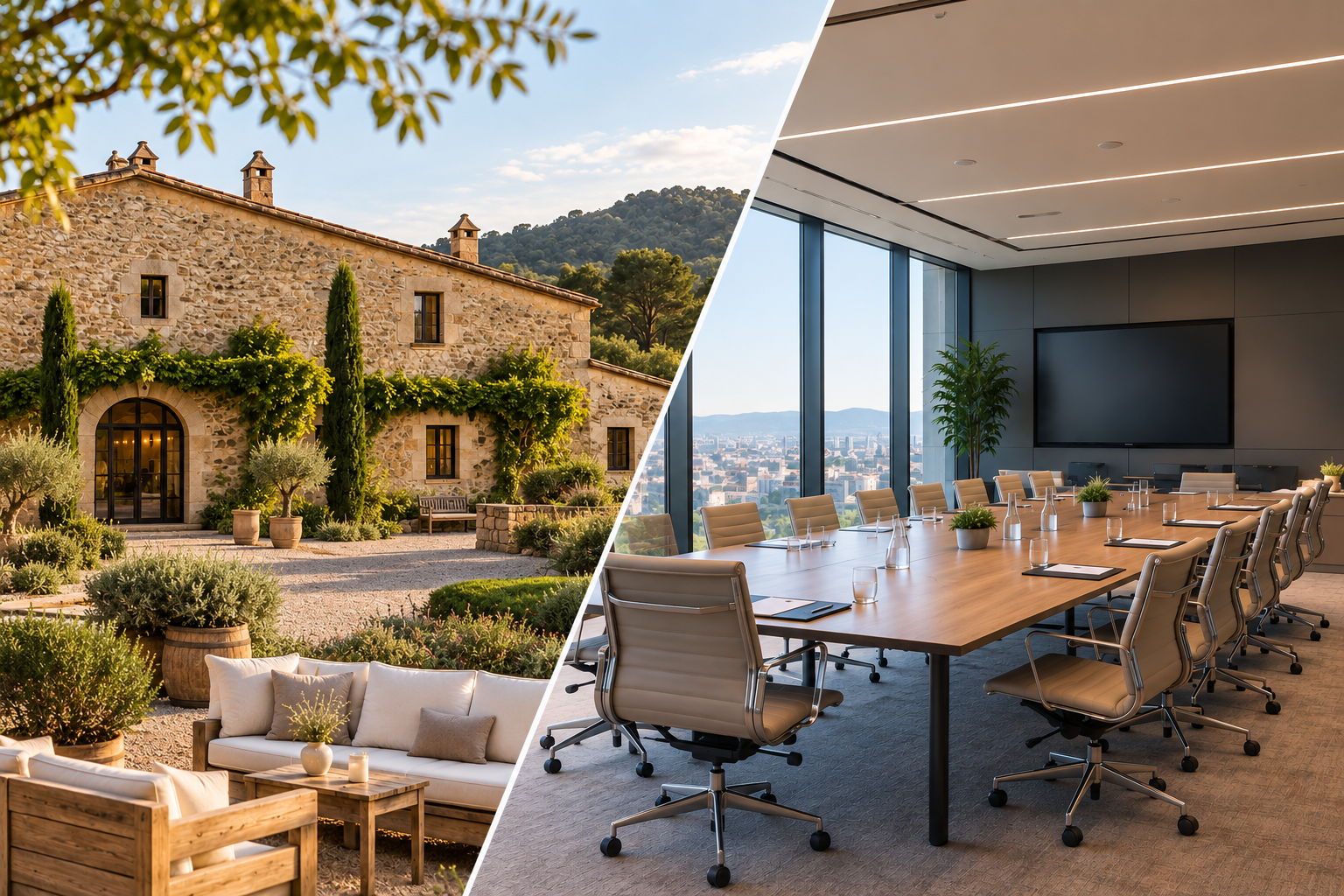 Espacio rural y sala de reuniones donde realizar actividades de team building para empresas